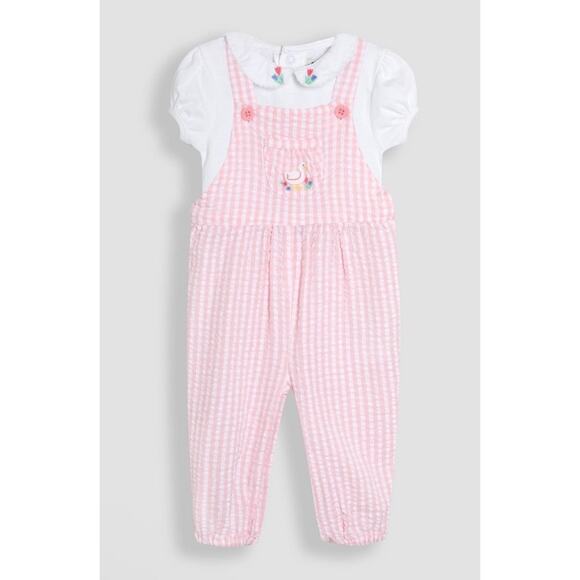 JoJo Maman Bebe Pink Duck 2-Piece Embroidered Seersucker 6-12 months NEW - Picture 1 of 16